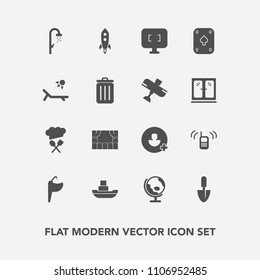 Modern, simple vector icon set with communication, bath, sea, account, computer, rocket, sign, phone, water, sunny, summer, telephone, world, map, restaurant, hygiene, ship, add, bathroom, play icons