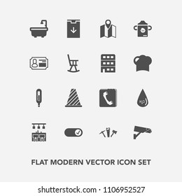 Modern, simple vector icon set with background, id, , toilet, office, book, map, hammer, house, milk, camera, download, bathroom, drink, food, chef, architecture, pin, sign, business, phone, bar icons