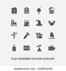 Modern, simple vector icon set with direction, luggage, wind, camera, peeler, holiday, landscape, bag, dental, gift, dentist, potato, patient, celebration, travel, cream, ocean, box, sweet, blue icons