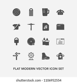Modern, simple vector icon set with food, drink, bottle, dvd, decoration, cup, disk, eye, candle, cooking, wheel, shirt, milk, icecream, sushi, disc, wax, plastic, nutrition, auto, clothing, tea icons