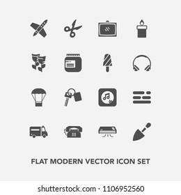 Modern, simple vector icon set with health, flame, tv, fire, air, shovel, table, entertainment, craft, decoration, technology, music, vehicle, flower, communication, tool, blossom, car, balloon icons