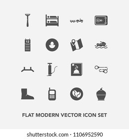 Modern, simple vector icon set with chain, pie, coffee, agenda, vessel, finance, calendar, cake, bank, boot, location, menu, food, mobile, pump, avatar, hotel, pull, truck, sign, travel, dessert icons