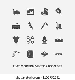 Modern, simple vector icon set with service, background, water, happy, spaceship, celebration, clothing, grass, science, tool, repair, space, game, rubber, mower, frame, garden, clothes, holiday icons