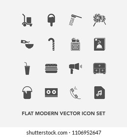 Modern, simple vector icon set with music, color, hamburger, megaphone, bath, bathroom, modern, wine, communication, house, candy, box, sweet, interior, food, drawer, juice, cup, paint, truck icons
