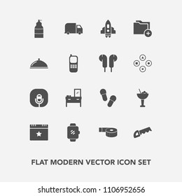 Modern, simple vector icon set with delivery, technology, glass, document, event, spray, radio, slipper, rocket, furniture, cocktail, spaceship, saw, tape, interior, cabinet, star, watch, office icons