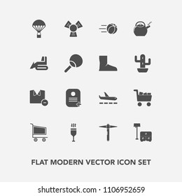 Modern, simple vector icon set with cart, bulldozer, airport, man, chair, clothes, trolley, football, kettle, travel, sofa, construction, cooler, plane, equipment, table, bed, market, soccer icons