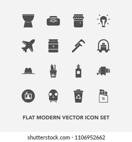 Modern, simple vector icon set with idea, electricity, space, pasta, hat, bar, health, chocolate, ufo, leather, hygiene, trash, screen, technology, food, musical, style, bottle, dental, jam, jar icons