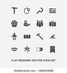 Modern, simple vector icon set with construction, buoy, saw, power, tropical, palm, lifebuoy, bed, business, machine, fence, wrench, furniture, internet, battery, equipment, electricity, table icons