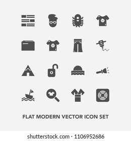 Modern, simple vector icon set with outdoor, sail, electric, flashlight, woman, newspaper, female, sign, costume, alien, baby, light, ufo, news, retro, space, nature, hipster, sunset, sunrise icons