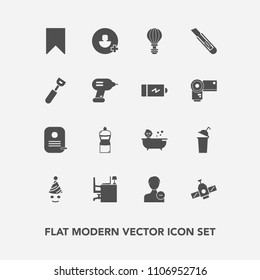 Modern, simple vector icon set with sky, baby, bookmark, extreme, party, planet, broom, cup, desk, cooking, work, sign, user, fun, shower, avatar, bath, child, jump, cleaner, clown, parachuting icons