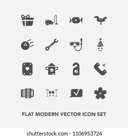 Modern, simple vector icon set with food, gift, child, vacuum, horse, button, box, sweet, domestic, label, phone, privacy, fun, game, candy, hotel, cherry, nutrition, ball, milk, bottle, motel icons