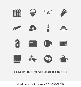 Modern, simple vector icon set with kitchen, guitar, cook, saw, bag, business, hotel, construction, privacy, cut, location, blossom, calendar, coffee, page, notebook, file, notepad, bouquet, day icons