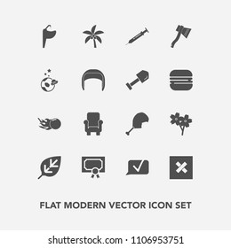Modern, simple vector icon set with chicken, axe, equipment, space, needle, spring, sakura, closed, nature, flower, chair, bathroom, exploration, furniture, palm, tree, faucet, meat, armchair icons