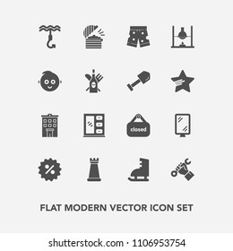 Modern, simple vector icon set with cabinet, shorts, fashion, winter, white, coffee, percent, construction, ice, road, furniture, piece, price, chef, industry, interior, foreman, home, helmet icons