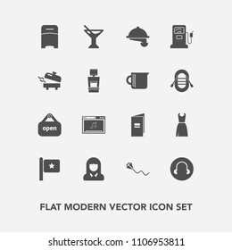 Modern, simple vector icon set with online, national, dress, fuel, furniture, joy, food, pump, face, sky, nation, double, fun, kite, female, woman, drink, sign, service, open, bedroom, music icons