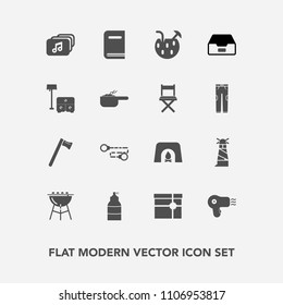 Modern, simple vector icon set with fireplace, ocean, box, cocktail, spanner, glass, table, sofa, bed, wrench, data, library, tool, lighthouse, grill, summer, file, bbq, education, sea, light icons