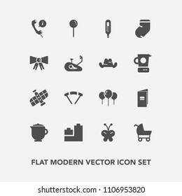 Modern, simple vector icon set with call, bear, station, drink, decoration, jump, tea, planet, pram, thermometer, parachuting, parachute, brochure, stroller, extreme, sign, space, insect, ball icons