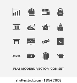 Modern, simple vector icon set with energy, can, jacket, travel, diagram, warm, cold, celebration, torii, phone, holiday, gardening, supermarket, book, market, business, happy, battery, food icons