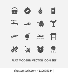Modern, simple vector icon set with shopping, fashion, orbit, chair, travel, cream, north, space, send, bbq, airplane, map, airport, alarm, food, sweet, time, grill, compass, bag, clock, hour icons