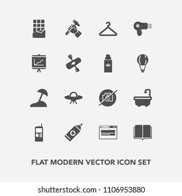 Modern, simple vector icon set with sweet, hygiene, textbook, fashion, beach, business, alien, education, construction, bar, industry, space, island, brush, spaceship, telephone, vintage, sign icons
