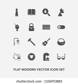 Modern, simple vector icon set with chess, antenna, clothes, education, shower, king, backpack, musical, rucksack, dessert, hammer, object, equipment, clothing, library, broom, drink, game, tool icons