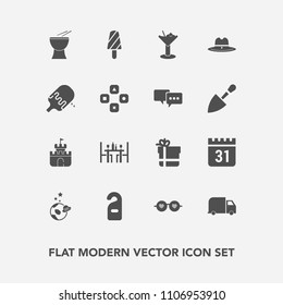 Modern, simple vector icon set with package, restaurant, summer, dessert, glasses, music, label, day, hotel, ice, bar, alcohol, bow, spaceship, delivery, box, toy, glass, cocktail, style, gift icons