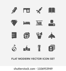 Modern, simple vector icon set with kid, firework, work, notebook, electricity, paper, sand, dress, female, plate, library, child, office, space, education, card, earth, plastic, background, id icons