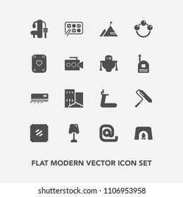 Modern, simple vector icon set with message, fireplace, fitness, building, postage, treadmill, white, roll, infant, sport, baby, food, nature, rattle, interior, restaurant, warm, lamp, mail, toy icons