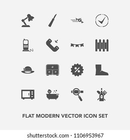 Modern, simple vector icon set with kitchen, technology, phone, knife, happy, check, oven, holiday, price, plane, kid, research, table, communication, microwave, business, departure, drink, wine icons