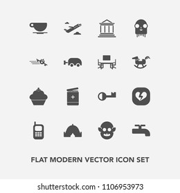 Modern, simple vector icon set with ufo, doughnut, airplane, communication, medical, telephone, departure, banking, baby, flight, food, camp, adventure, money, alien, cup, outdoor, drink, old icons