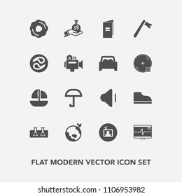 Modern, simple vector icon set with volume, television, sound, doughnut, laboratory, audio, cake, up, sack, technology, construction, footwear, tv, axe, bag, brochure, ship, airplane, sea, test icons