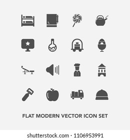 Modern, simple vector icon set with music, notepad, food, sign, tool, bellboy, restaurant, sound, candy, sweet, vegetable, notebook, hostel, shipping, hat, lollipop, computer, delivery, peeler icons