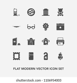 Modern, simple vector icon set with city, cake, machine, mon, refrigerator, building, cute, picture, motel, business, frame, milk, printer, photo, print, privacy, equipment, hotel, pie, label icons
