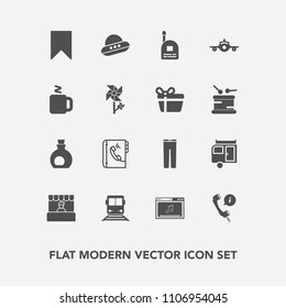 Modern, simple vector icon set with fashion, ufo, flight, supermarket, fun, transportation, healthy, grocery, train, young, pants, phone, plane, food, communication, call, headset, technology icons