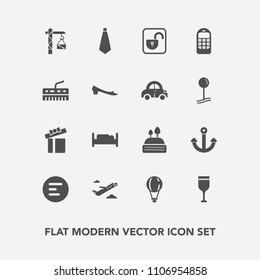 Modern, simple vector icon set with doughnut, saw, extreme, hammer, alcohol, sky, tie, protection, lock, fashion, flight, app, parachute, jump, food, departure, cake, marine, sweet, bed, glass icons