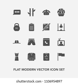 Modern, simple vector icon set with asia, plant, book, nature, dress, tv, cake, hat, clothing, message, bamboo, white, jacket, west, shorts, seafood, texas, chat, speech, flag, medical, wear icons