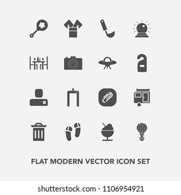 Modern, simple vector icon set with paper, trailer, parachuting, infant, magic, sky, box, social, toy, vacation, human, trash, kitchen, garbage, person, slipper, jump, asia, caravan, rattle icons