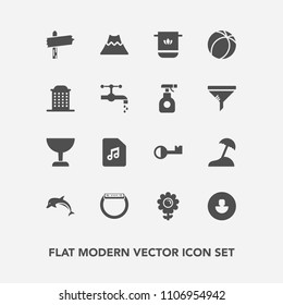 Modern, simple vector icon set with music, game, blossom, way, key, sound, crater, cotton, business, lava, sport, beach, ball, towel, volcano, nature, sea, direction, arrow, spring, note, animal icons
