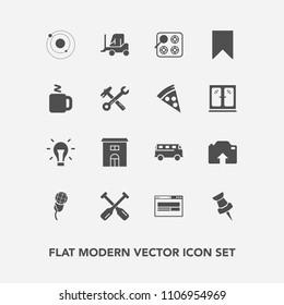 Modern, simple vector icon set with car, canoe, bulb, business, real, electricity, speed, mic, space, stove, bus, bookmark, water, road, delivery, energy, map, planet, transportation, sound, web icons