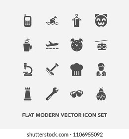 Modern, simple vector icon set with communication, microscope, safety, beer, bar, raking, autumn, science, game, tool, chief, butterfly, piece, gardening, bug, hanger, research, old, king, buoy icons