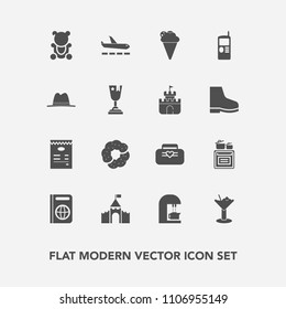 Modern, simple vector icon set with menu, document, vintage, cafe, phone, alcohol, mobile, plane, sweet, drink, ice, passport, telephone, style, cooking, bag, castle, glass, doughnut, leather icons