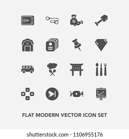 Modern, simple vector icon set with road, farming, japan, natural, bus, lollipop, computer, shovel, shrine, kitchen, play, transport, video, safe, music, food, annual, transportation, chief, fun icons