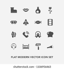 Modern, simple vector icon set with fashion, child, audio, roller, hotel, phone, service, roll, lips, flashlight, baby, electric, baggage, chef, luggage, food, shine, oil, ice, sweet, modern icons