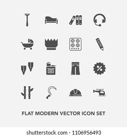 Modern, simple vector icon set with flight, gardening, elegant, kitchen, sickle, asia, cooking, interior, home, sign, couch, safety, oven, plant, garden, food, female, hat, sport, office, helmet icons