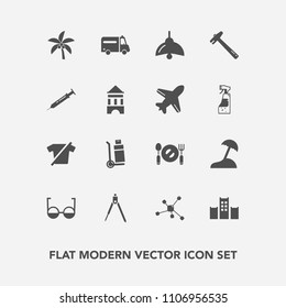 Modern, simple vector icon set with transportation, plate, knife, truck, vacation, medical, wrench, fashion, summer, shipping, hotel, lamp, engineering, bulb, clothing, tropical, palm, island icons