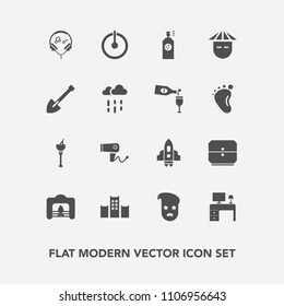 Modern, simple vector icon set with fireplace, craft, modern, space, bucket, hotel, business, wine, rocket, blow, work, hipster, drink, care, vacation, fire, technology, off, spray, christmas icons