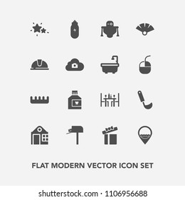 Modern, simple vector icon set with real, comb, cooking, hygiene, gift, ladle, hair, coffee, brush, restaurant, mouth, job, mailbox, sky, dental, robot, holiday, building, technology, present icons