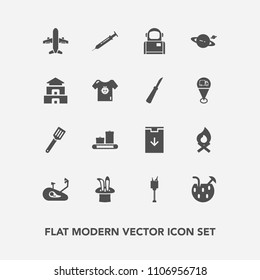 Modern, simple vector icon set with magic, sign, download, drink, food, bike, bicycle, cosmonaut, airplane, astronomy, cocktail, flame, saturn, bag, bucket, kitchen, asia, culture, wine, planet icons