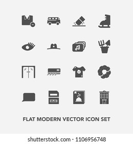 Modern, simple vector icon set with transportation, door, dessert, shirt, food, baby, computer, white, child, erase, speed, file, real, road, bus, transport, bubble, man, rubber, clothes, save icons