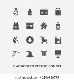 Modern, simple vector icon set with profile, wine, bath, business, present, laboratory, water, computer, calendar, celebration, gift, schedule, baby, drop, activity, internet, kayaking, box, day icons